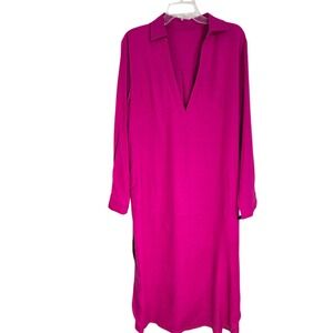 My Bodhi Dress Women's Long Sleeve V Neck‎ Pink Linen Blend Casual Midi Dress
